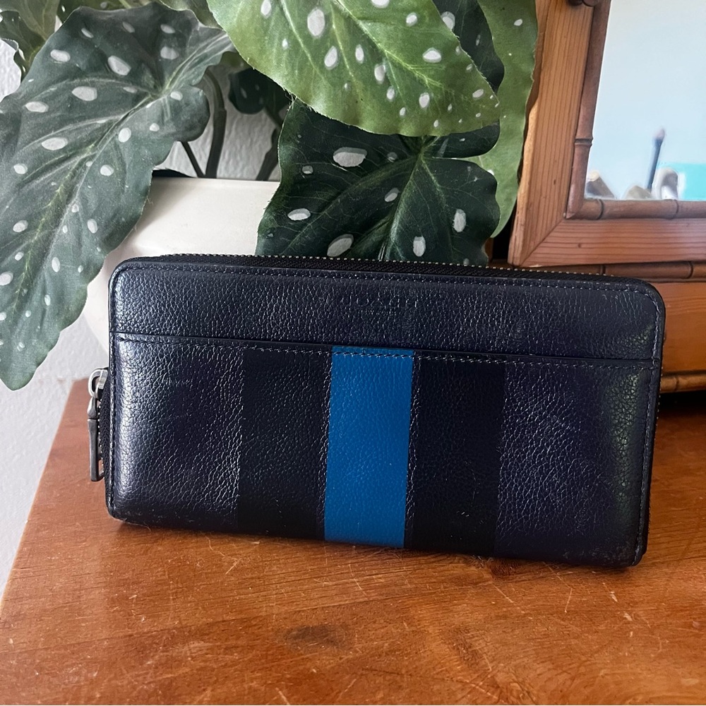 Coach (Vintage?) Zipper Wallet in Navy Blue and Black and Cobalt Blue Stripe